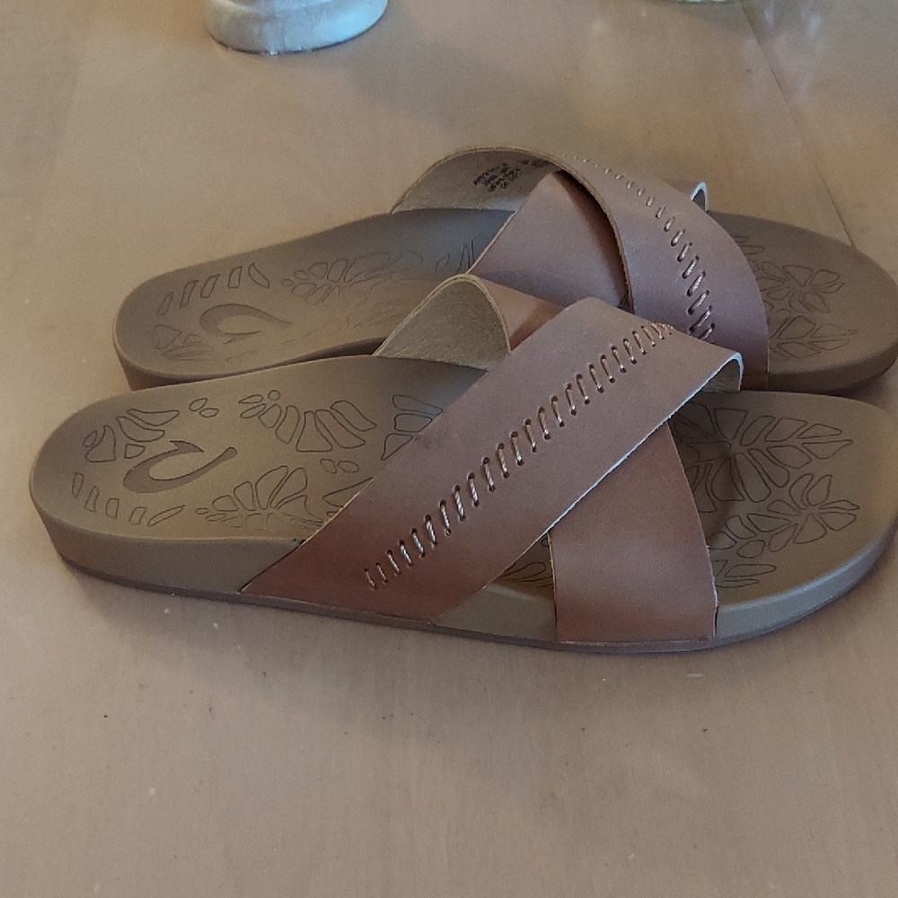 OluKai Tan Leather Cross-Strap Slide Sandals - Picture 3 of 11